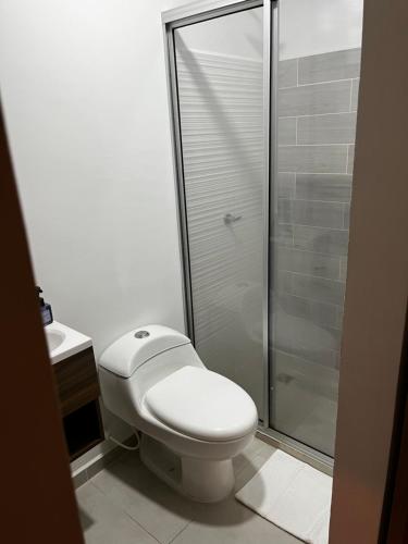 a bathroom with a toilet and a shower at Hospedajes Silk Road in Tuluá