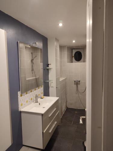 une salle de bain avec un lavabo blanc et une douche dans l'établissement Lautrec, à Cernay-la-Ville