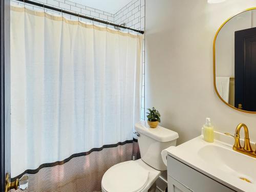 een badkamer met een toilet, een wastafel en een spiegel bij 3 Br For 9 Guests -large Beautiful 3 Story Duplex in Des Moines