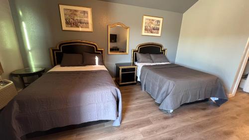 1 Schlafzimmer mit 2 Betten und einem Spiegel in der Unterkunft Texas Lodge Kenedy in Kenedy