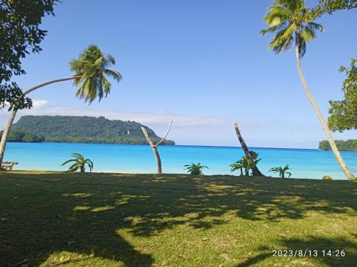 a view of a beach with palm trees and the ocean at Serenity Bungalows in Port Olry