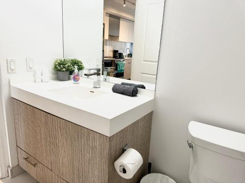 a bathroom with a sink and a mirror at Cozy 2 Bedroom by Eaton Centre Mall in Toronto