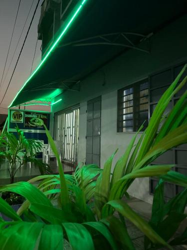 un edificio con luce verde davanti alle piante di HOTEL 229 42 a Cotonou