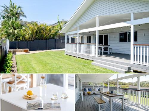 a backyard renovation with a white deck and a house at beached at mollymook in Mollymook