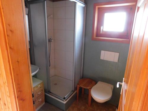a bathroom with a shower and a toilet and a sink at Chalet Bortergade in Bellwald