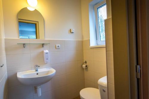a bathroom with a sink and a toilet and a mirror at Ubytovňa Pali in Kežmarok