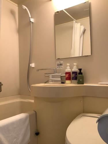 a bathroom with a sink and a toilet and a mirror at Hotel Crown Hills Nakamura in Shimanto