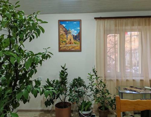a room with potted plants and a picture on the wall at Sun House in Yeghegnadzor
