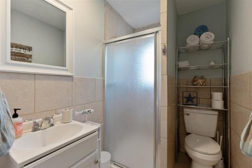 a bathroom with a shower and a toilet and a sink at 217 W Maple Ave in Wildwood