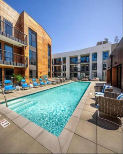 a swimming pool in the middle of a building at Amber Drift - Santa Monica 2BR Penthouse Ocean views in Los Angeles