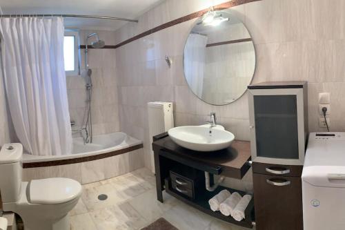 W łazience znajduje się umywalka, toaleta i lustro. w obiekcie Κατοικία με πανοραμική θέα w mieście Nikópolis