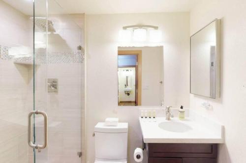 een badkamer met een toilet, een wastafel en een douche bij Sockeye by AvantStay Modern 2 BR Condo w Access to Northstar Resort Community in Kingswood Estates