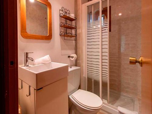 a bathroom with a toilet and a sink and a shower at Apartamentos 3000 Formigal in Formigal