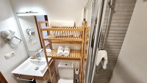 a bathroom with a toilet and a sink and a shower at Eco Hotel Toledo in Toledo