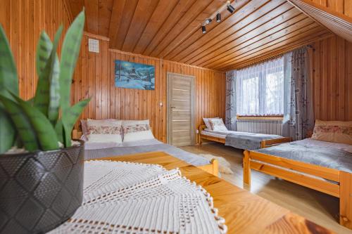 un soggiorno con 2 letti e un divano di Apartament u Wróbla a Leśnica