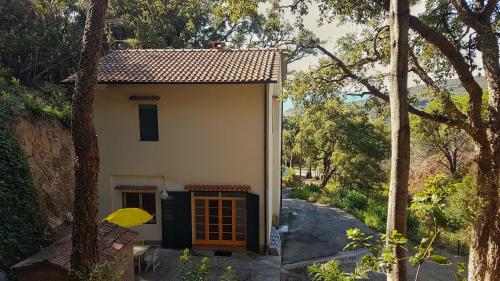 una pequeña casa con una puerta amarilla al lado de una carretera en Villa ai Pini di ArgonautiVacanze en Procchio