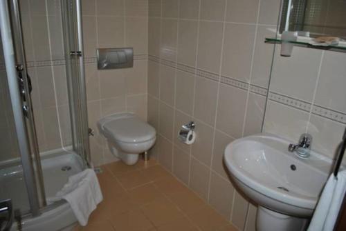 ein Bad mit einem Waschbecken, einem WC und einer Dusche in der Unterkunft Grand Hotel Seferoğlu in Istanbul