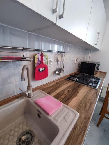 a kitchen counter with a sink and a stove at Xata 1+2 in Almaty