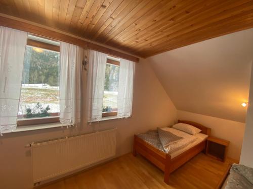 1 dormitorio con 1 cama y 2 ventanas en Rooms Kočna en Zgornje Jezersko