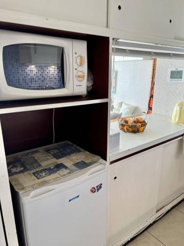 Un four micro-ondes est installé au-dessus d'un réfrigérateur. dans l'établissement STUDIO CLIMATISE 3 PERSONNES A PROXIMITE IMMEDIATE MER ET PLAGE, au Grau-du-Roi