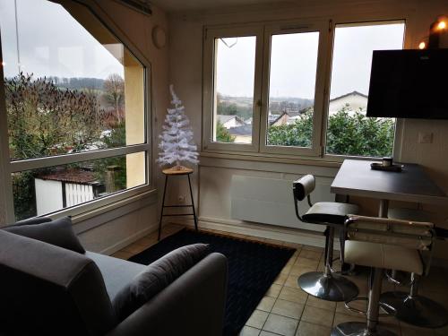 una sala de estar con un árbol de Navidad en la ventana en L'appart d'Angélique, en Imling