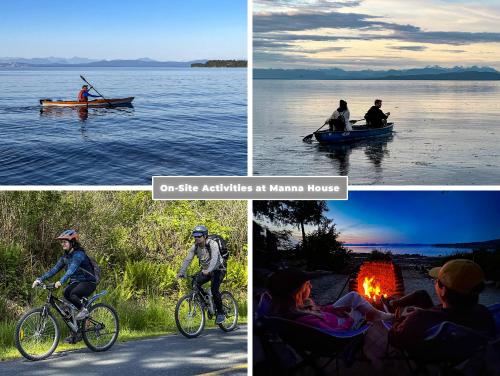 a group of people riding bikes and a boat on the water at Manna House in Denman Island