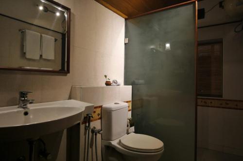 a bathroom with a toilet and a sink and a shower at The Mundanad House in Trivandrum