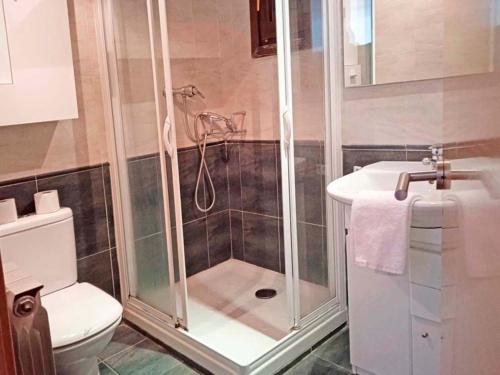 a bathroom with a shower and a toilet and a sink at Apartamentos Sallent de Gállego 3000 in Sallent de Gállego