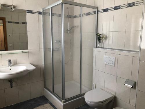 a bathroom with a shower and a toilet and a sink at Panorama Spa Lodges DAS.SCHILLER in Bad Gastein