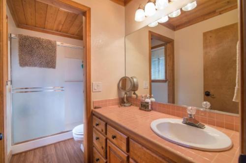 een badkamer met een wastafel, een toilet en een spiegel bij Whiskey Springs by AvantStay Classic Cabin Near Tahoe Donner Ski Area in Truckee