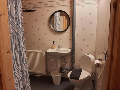 a bathroom with a sink and a toilet and a mirror at Kalix Riverside inn, Farm timbering in Kalix