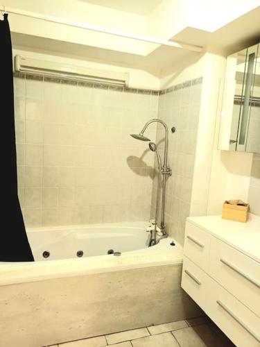a white bathroom with a tub and a shower at Bel Appart calme proche CDG in Gonesse