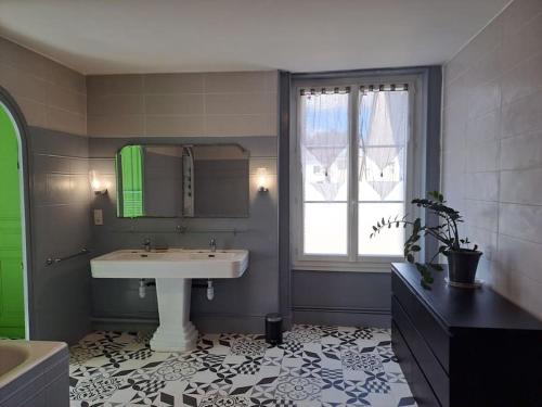 une salle de bain avec un lavabo, un miroir et une fenêtre dans l'établissement Maison du Maître Tanneur, à Château-Renault