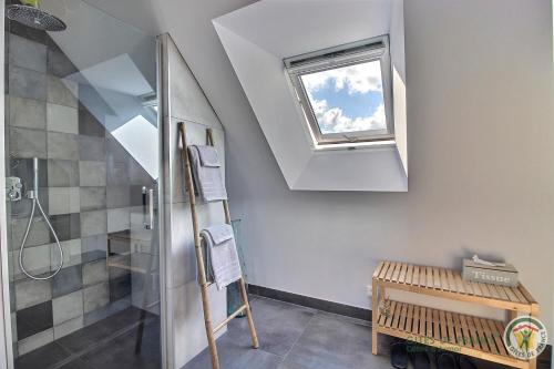 a bathroom with a shower and a window at La metairie in Plédèliac