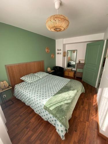 um quarto com uma cama e uma parede verde em Appartement centre-ville proche de Paris. em Limay
