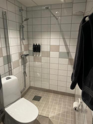 a bathroom with a toilet and a glass shower at Hotell Garvaren in Ljungby