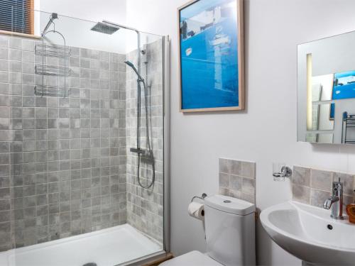 uma casa de banho com um chuveiro, um WC e um lavatório. em 2 Bed in Pengenffordd BN366 em Cathedine