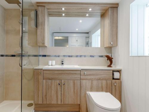 y baño con aseo, lavabo y ducha. en 1 Bed in Widemouth Bay 81124, en Poundstock
