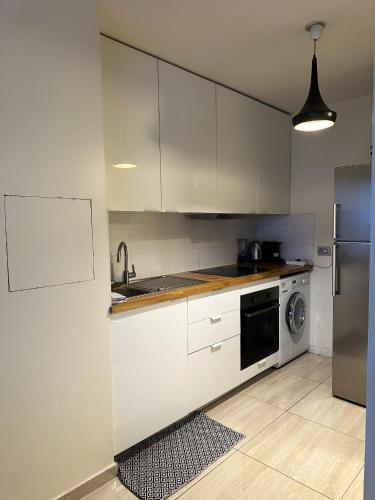 une cuisine avec des armoires blanches et une laveuse et une sécheuse dans l'établissement Appartement charmant à Issy-les-Moulineaux 49 m² avec terrasse, à Issy-les-Moulineaux