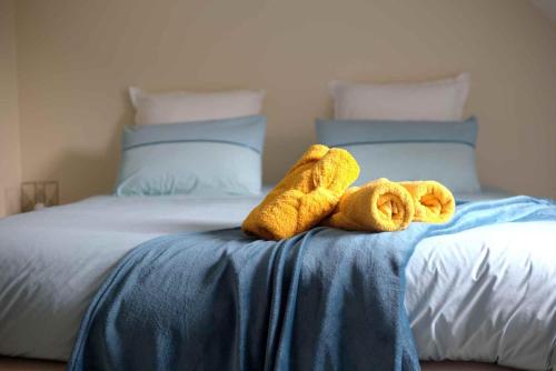 a stuffed animal is sitting on a bed at Les chambres du Vert Galant Le lever du soleil in Verlinghem