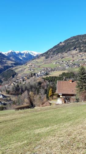 a house in a field with mountains in the background at Casa Picca & Lotta in Radenthein