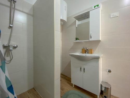 a white bathroom with a sink and a shower at Apartment Tomas in Novigrad Istria