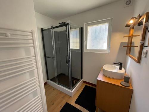une salle de bain avec un lavabo et une douche en verre dans l'établissement La Maison du Courant 3*, à Mimizan
