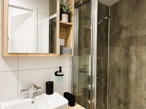 bagno con doccia e lavandino di Ostseecamp Ferienhaus "Quartier 104" a Scharbeutz