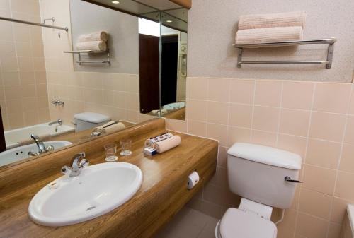 ein Badezimmer mit einem Waschbecken, einem WC und einem Spiegel in der Unterkunft Oudtshoorn Inn Hotel in Oudtshoorn