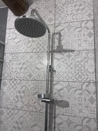 a shower in a bathroom with a tile wall at Lucky Lemons - Boutique Houses Madeira - 2 in Estreito da Calheta