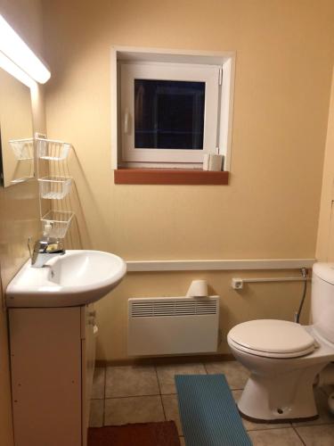 een badkamer met een wastafel, een toilet en een raam bij Pusi Holiday House in Pusi
