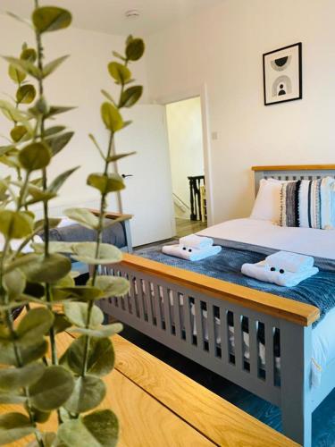 sypialnia z łóżkiem z ręcznikami i rośliną w obiekcie Caerau Heights w mieście Newport