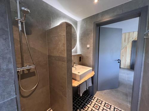 een badkamer met een douche en een wastafel bij Haus Bergquell App 6 in Willingen