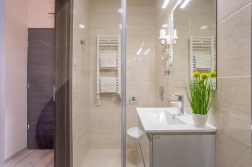 a bathroom with a sink and a shower at Extra Central New & Stylish Studio in Budapest